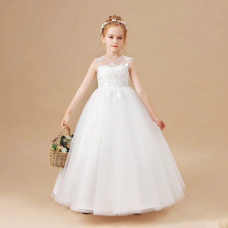 Girls white princess dress with illusion lace bodice, full layered tulle skirt and flower basket for wedding flower girls