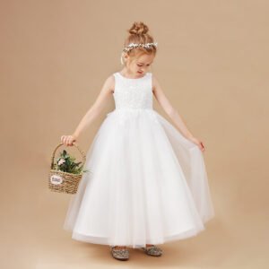 Girls long white tulle ball gown (2)