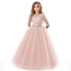 Half sleeve flower girl dress-pink (3)