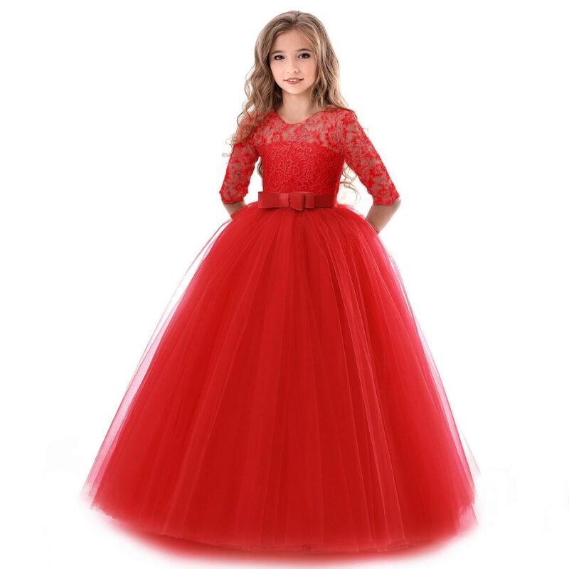 Half sleeve flower girl dress-red (2)