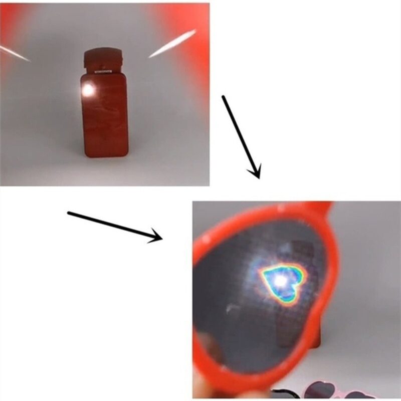 Heart effect diffraction glasses showing light transforming into heart shapes through lenses, novelty optical effect eyewear