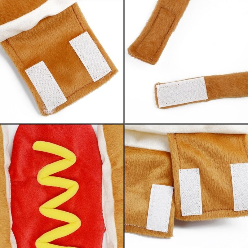 Close-up of hot dog pet costume with soft fabric and adjustable velcro straps for dogs