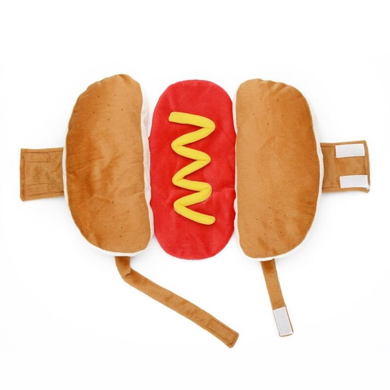 Hot dog dog costume laid flat showing bun sides, mustard detail and adjustable straps