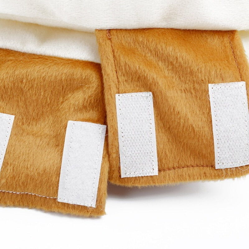 Detail view of dog costume velcro fastening straps, secure and adjustable pet clothing