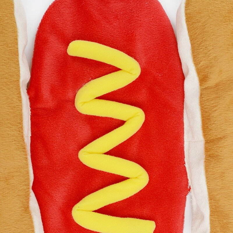Close-up of hotdog costume mustard design on soft plush fabric, fun pet outfit detail