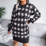 Houndstooth loose knitted dress-white-and-black (1)
