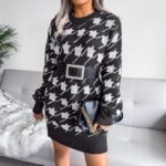 Houndstooth loose knitted dress-white-and-black (2)
