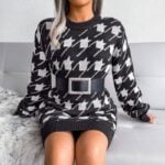 Houndstooth loose knitted dress-white-and-black (4)