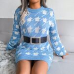 Houndstooth loose knitted dress-white-and-blue (4)