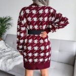 Houndstooth loose knitted dress-white-and-dark-red (1)