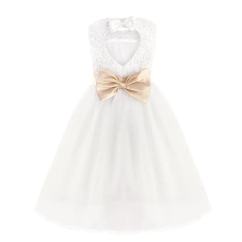 back view of ivory flower girl dress with heart cutout lace design and large satin bow wedding dress for girls