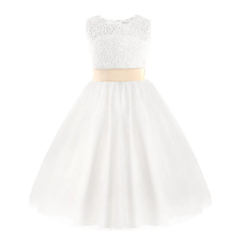 front view of ivory girls formal dress with floral lace top and layered tulle skirt wedding occasion outfit