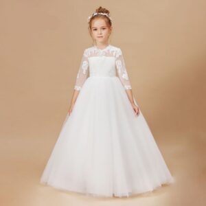 Ivory lace and tulle flower girl dress with sleeves (1)