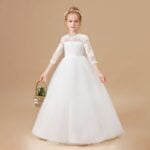 Ivory lace and tulle flower girl dress with sleeves (3)