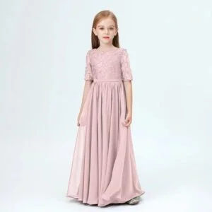 Junior bridesmaid dress with sleeves-blush-pink