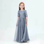 Junior bridesmaid dress with sleeves-dusty-blue