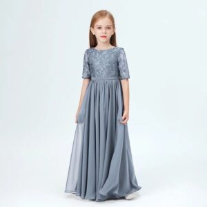 Junior bridesmaid dress with sleeves-dusty-blue