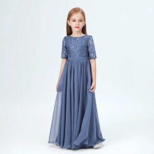 Junior bridesmaid dress with sleeves-slate-blue