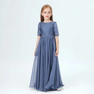 Junior bridesmaid dress with sleeves-slate-blue