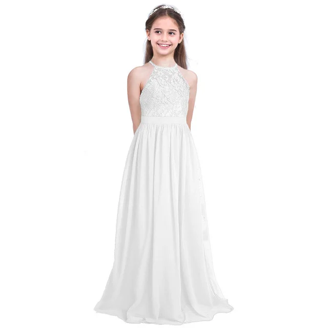Lace top junior bridesmaid dress-white