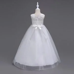 Lace top tulle skirt flower girl dress-white (1)