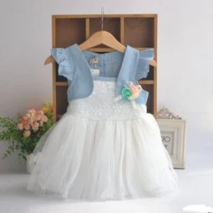 Little girl denim tulle dress-white (2)