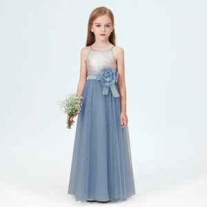 Little girl sequin junior bridesmaid dress-dusty-blue