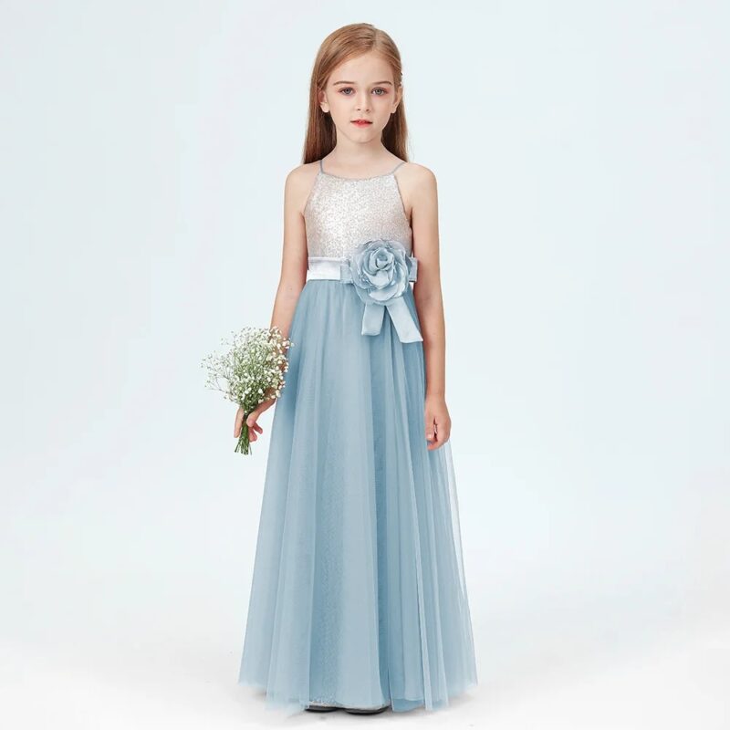 Little girl sequin junior bridesmaid dress-sky-blue