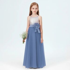Little girl sequin junior bridesmaid dress-slate-blue