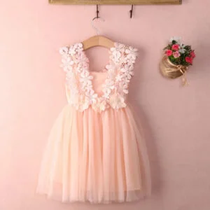 Little girl tulle lace dress-pink (1)