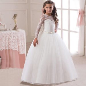 Long sleeve junior bridesmaid dress-White (5)