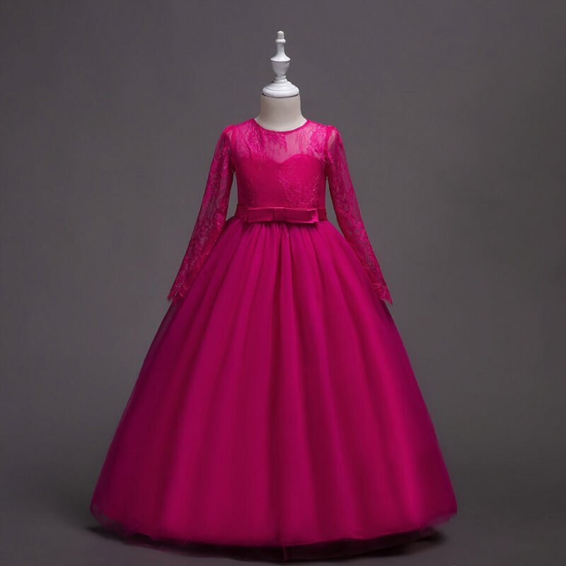 Long sleeve junior bridesmaid dress-fuchsia (1)