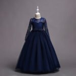 Long sleeve junior bridesmaid dress-navy-blue (1)