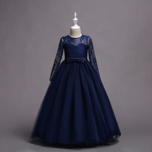 Long sleeve junior bridesmaid dress-navy-blue (1)