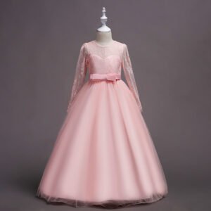 Long sleeve junior bridesmaid dress-pink (2)