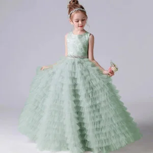 Long tulle flower girl dress - sage-green (4)