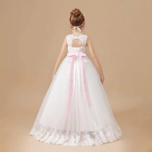 Long white tulle flower girl dress with pink sash (2)