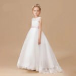 Long white tulle flower girl dress with pink sash (3)