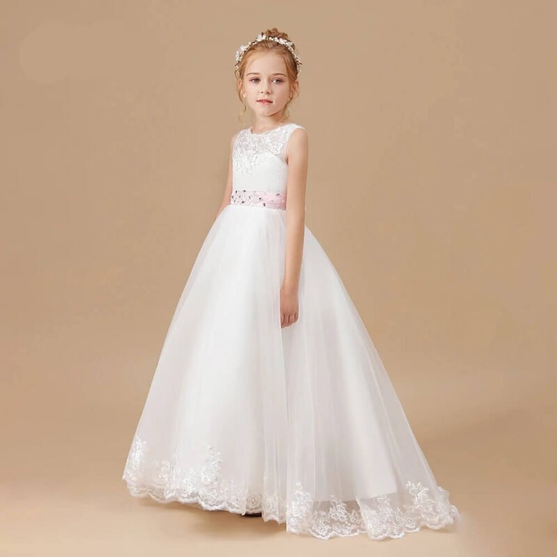 Long white tulle flower girl dress with pink sash (3)