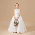 Long white tulle flower girl dress with pink sash (4)