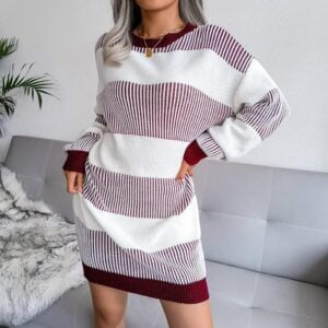 Loose knit jumper dress-white-red (4)