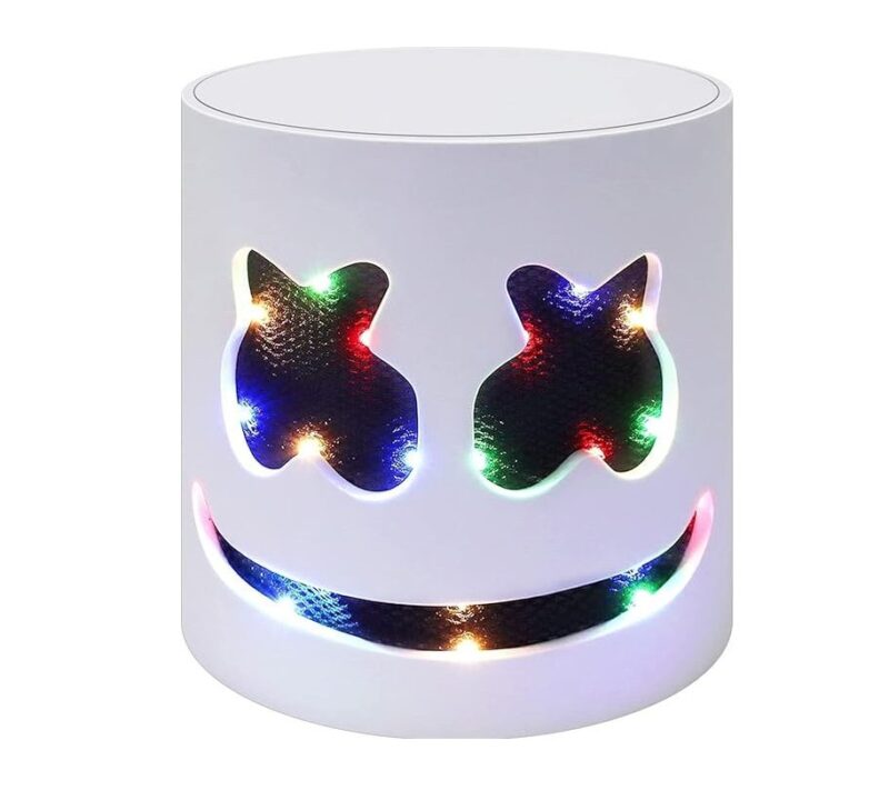 LED DJ smiley mask with colourful light reflections on glossy surface