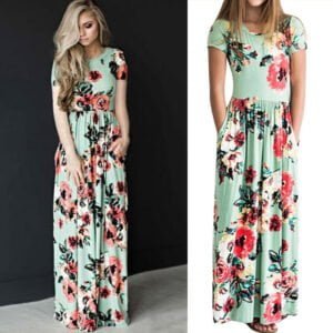 Mummy and me matching floral dresses-short-sleeve-green