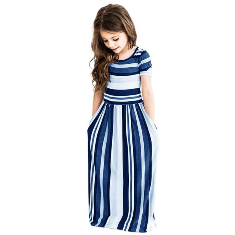 Girls navy blue striped maxi dress with short sleeves and vertical stripe skirt design