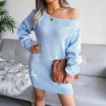 Off one shoulder jumper dress-blue (1)