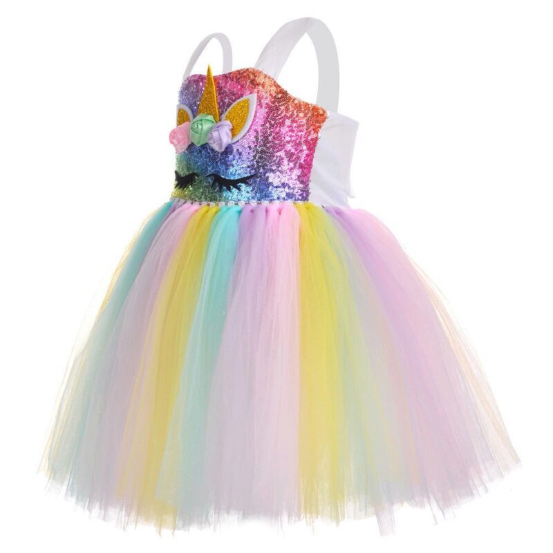 girls unicorn tutu dress with rainbow sequin top and pastel layered tulle skirt