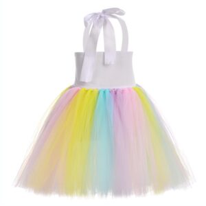 back view kids unicorn party dress with bow straps and pastel rainbow tutu skirt