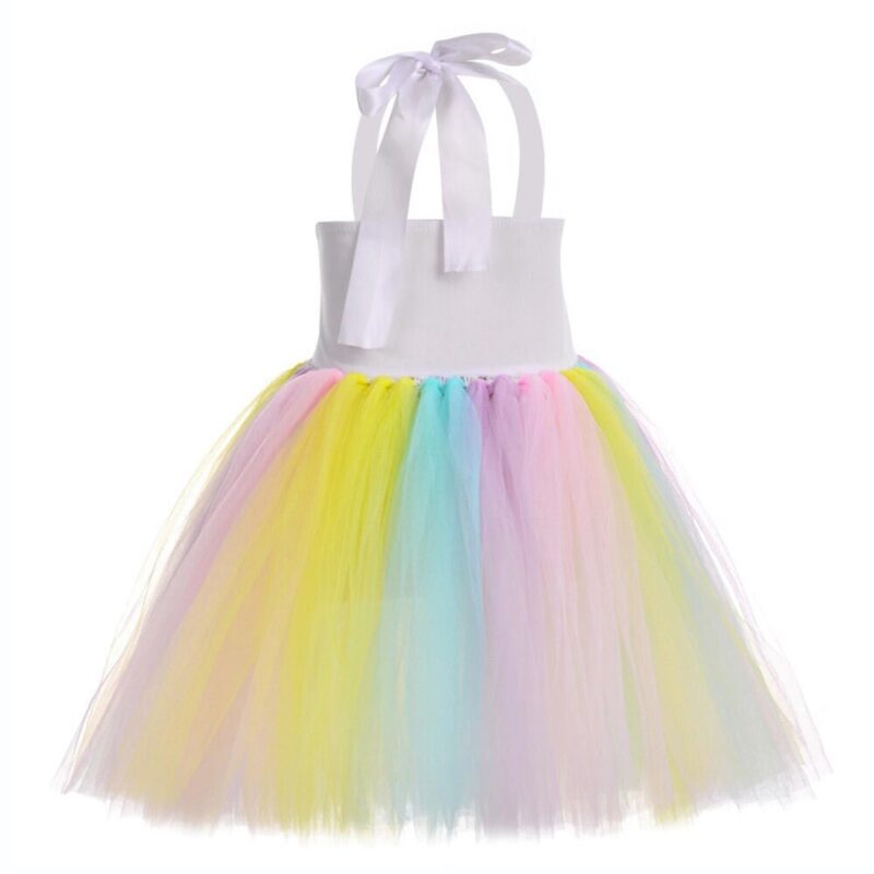 back view kids unicorn party dress with bow straps and pastel rainbow tutu skirt