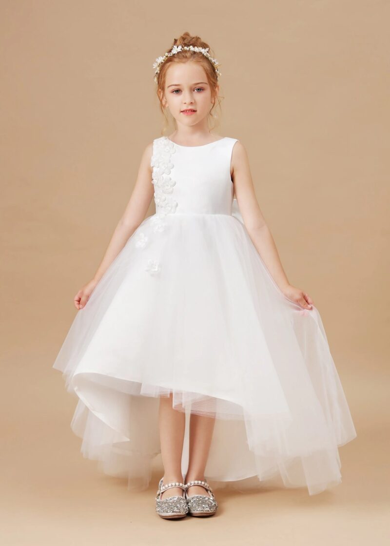 Girls white high low flower girl dress with floral appliqué bodice and layered tulle skirt, elegant wedding dress for young girls