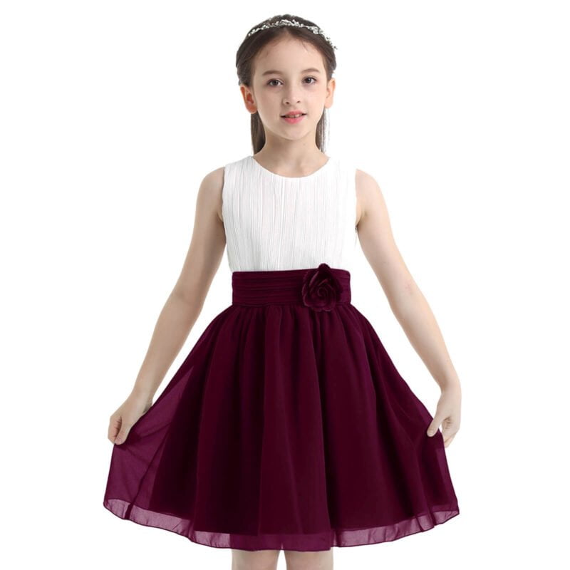 Pleated chiffon junior bridesmaid dress-white-burgundy (6)